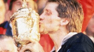 New Zealand's captain, David Kirk, lifts the trophy after winning the inaugural World Cup in 1987.
